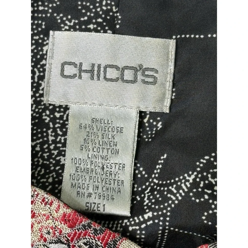 Chicos Full Zip Jacket Floral Silk Linen Artsy Patchwork Size 1 Medium